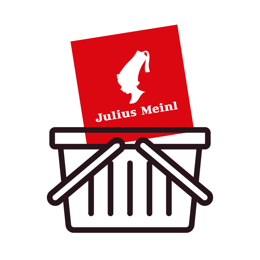 Eine rote Julius-Meinl-Kaffeeverpackung mit weißem Logo und Text befindet sich innerhalb eines einfachen schwarzen Warenkorbsymbols auf weißem Hintergrund.