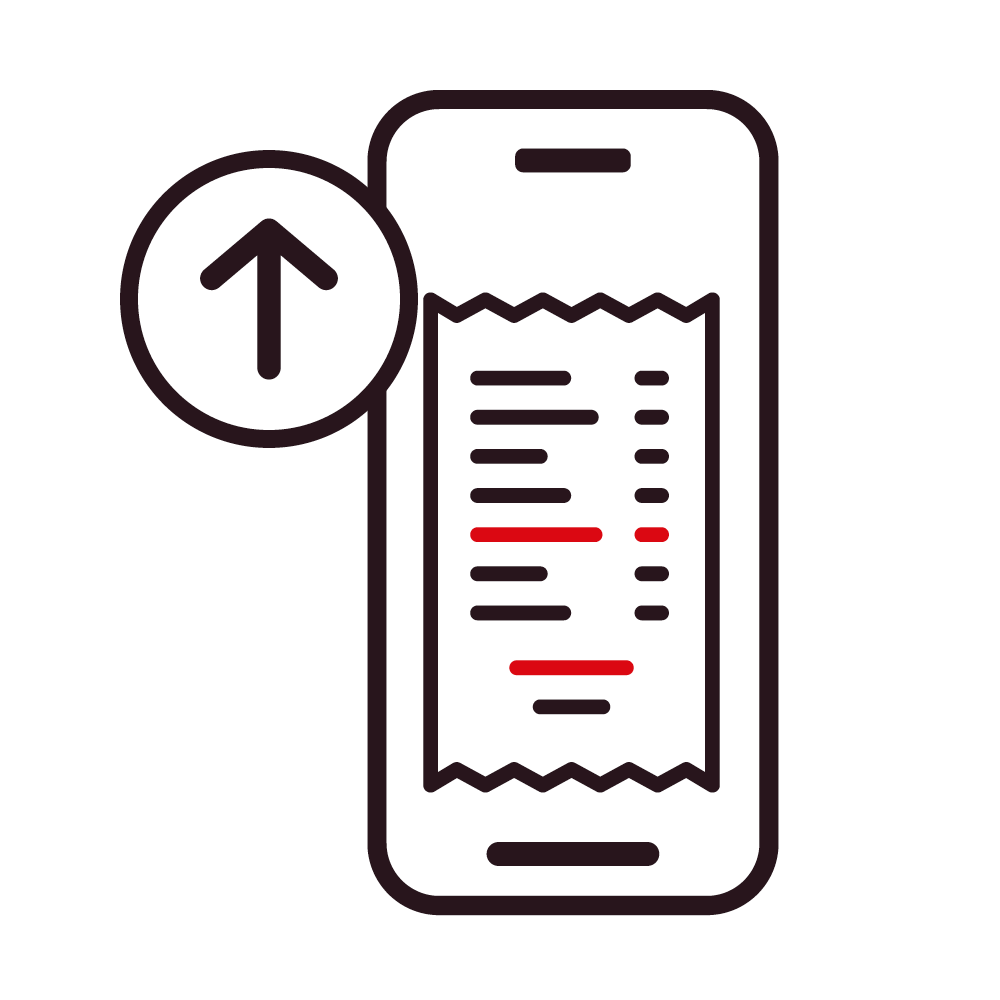 Symbol eines Smartphones, das eine digitale Quittung anzeigt, mit einem Pfeil nach oben in einem Kreis auf der linken Seite, der das Hochladen oder die elektronische Übermittlung einer Quittung symbolisiert.